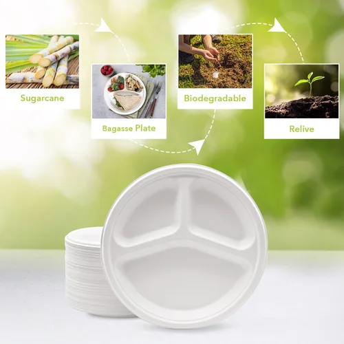 Vista 4 de three leaf platos redondos de bagazo de 10 pulgadas con 3 compartimentos, 25 unidades. Platos de bagazo desechables, 100 % biodegradables