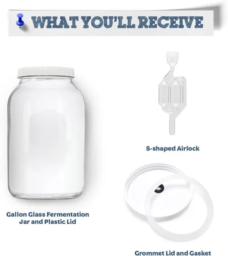 Vista 2 de Tarro de fermentación de vidrio de un galón con tapa de ojal y esclusa en forma de S. Sello hermético con bloqueo de aire que crea el recipiente