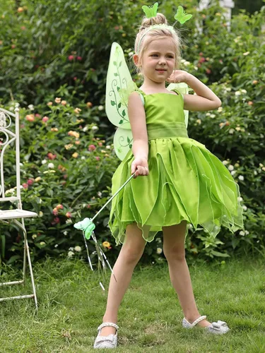 Vista 3 de HenzWorld Disfraz de Campanilla para niñas, vestido de princesa de hada, disfraz de cosplay para fiesta de cumpleaños con alas