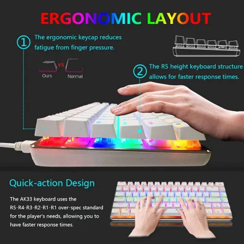 Vista 6 de Teclado mecánico para juegos con cable USB de metal mecánico azul teclado para juegos de computadora con retroiluminación LED arcoíris