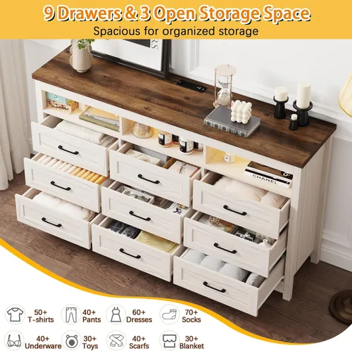 Vista 3 de Hlivelood Cómoda de granja de 9 cajones con luces LED, cómoda grande de 160 cm de ancho para dormitorio, cómoda de madera moderna con organizador