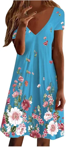 Vestido para mujer, bonito vestido floral de manga corta, cuello en V, casual, holgado, acampanado, vestido de playa