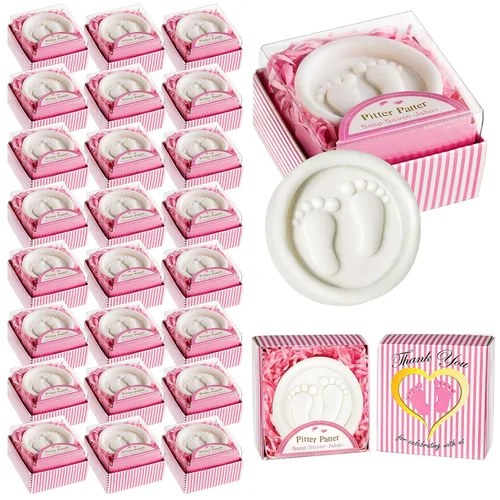 AIXIANG Paquete de 24 jabones hechos a mano Pink Pitter Patter, regalos de baby shower envueltos individualmente con caja de regalo, pies de bebé