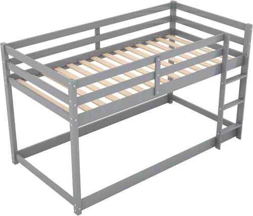 Vista 7 de Harper & Bright Designs Literas bajas de tamaño individual sobre individual para niños, base de cama de madera maciza con escalera, litera