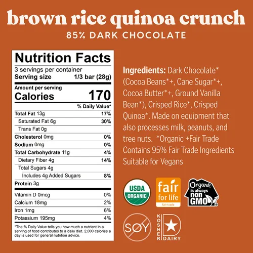 Vista 2 de Theo Organic Fairtrade Black Rice Quinoa Crunch 85% Dark Chocolate Bar, Vegan, 3-oz (Pack de 6)