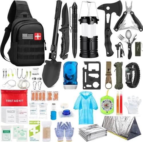Kit de supervivencia de emergencia, 151 piezas de equipo de supervivencia, kit de primeros auxilios, bolsa de trauma al aire libre con linterna