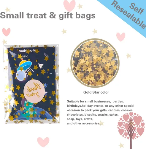 Vista 3 de COQOFA 100 piezas de bolsas de regalo con sello autoadhesivo impresas con estrellas, bolsas de celofán para envolver regalos, bolsas para sorpresas