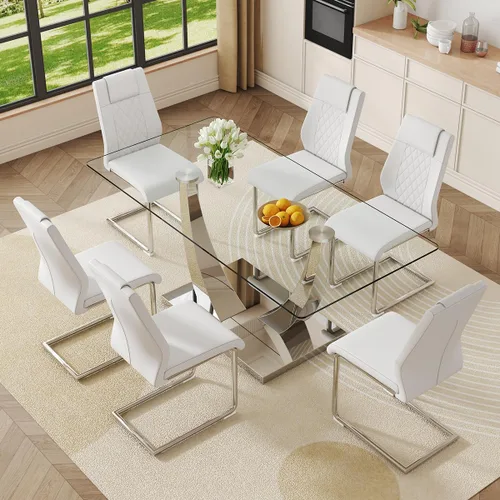 Vista 12 de Juego de mesa de comedor de cristal para 6, juego de mesa de cocina moderno para 6, mesa de vidrio templado de 71 pulgadas con base dorada