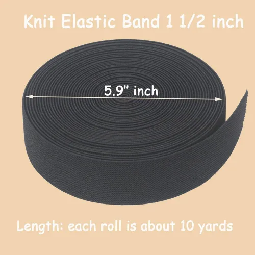 Vista 2 de Banda elástica de punto negro de 1-1/2 pulgadas, 10 yardas, 1.496 in, tejido de sarga de doble cara, correas elásticas pesadas, banda elástica