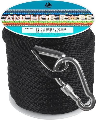 Vista 36 de Cuerda de anclaje de 1/2 pulgada y 50 pies, cuerda de anclaje para barco, trenza sólida MFP, línea de anclaje con dedal de acero inoxidable 316