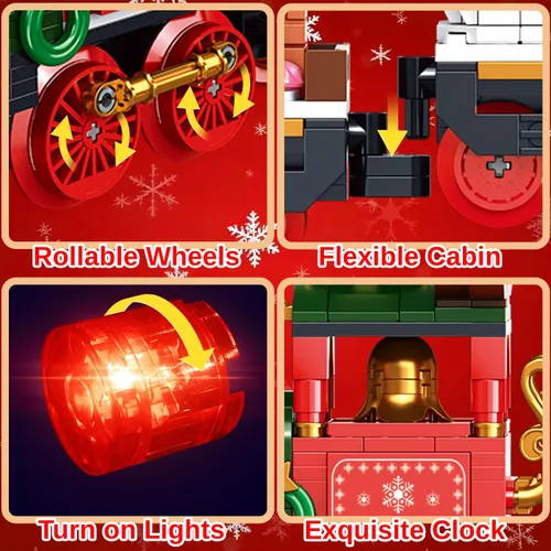 Vista 2 de Juego de juguetes de construcción de tren de Navidad con luz LED - Modelo de 868 piezas con varillas de acoplamiento móviles y ruedas funcionales