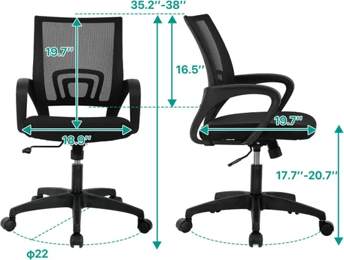 Vista 2 de HHS Silla de oficina ergonómica, silla de escritorio de malla con respaldo medio, silla de computadora con soporte lumbar, silla ejecutiva con Negro