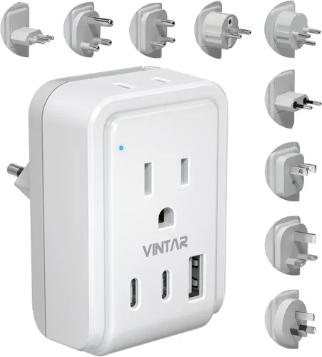 Vista 15 de VINTAR - Kit de adaptador de viaje universal, adaptador de enchufe internacional con 3 puertos USB (2 USB C, 3.4 A) y 2 salidas americanas, tipo A