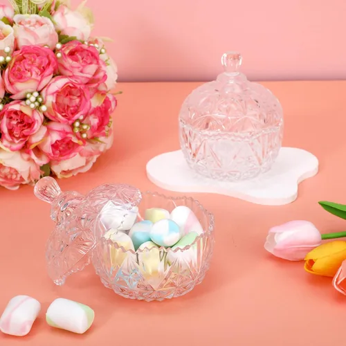 Vista 3 de Tanlade 4 tarros de cristal para dulces con tapas, pequeño plato de caramelo decorativo de cristal, tarro de boticario con tapas, cuenco de vidrio