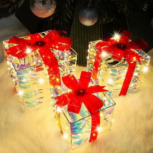 Vista 11 de Lulu Home Juego de 3 cajas de Navidad iluminadas, 60 luces LED con moños, cajas de Navidad enchufables para decoración de árboles de Navidad