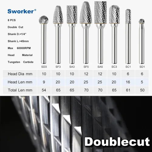 Vista 2 de Sworker 8Pcs Juego de Rebabas de Carburo 1/4 Vástago con Caja Transparente Diámetro Máximo de Cabeza 12mm Brocas de Troqueladora Herramientas