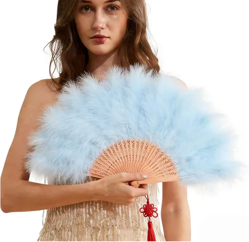 Vista 11 de Happy Feather Abanico de mano con plumas de marabú, estilo vintage de los años 1920, para disfraz y baile - Azul Ácido