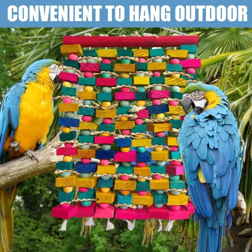 Vista 8 de Juguetes de pájaros extra grandes para guacamayos, bloques de madera multicolor juguete para masticar pájaros, jaula de loro, juguete de mordida