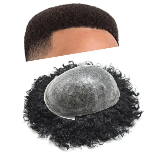 LYRICAL HAIR Peluca rizada afro para hombres negros, 8 x 10 pulgadas, sistemas de cabello humano afroamericano totalmente polivinílico, inyectado,