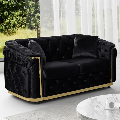 Vista 15 de DAMAIFROM Juego de sofá de terciopelo de lujo beige y dorado, moderno de mediados de siglo, sofás Chesterfield copetudos y patas doradas, juego de 2