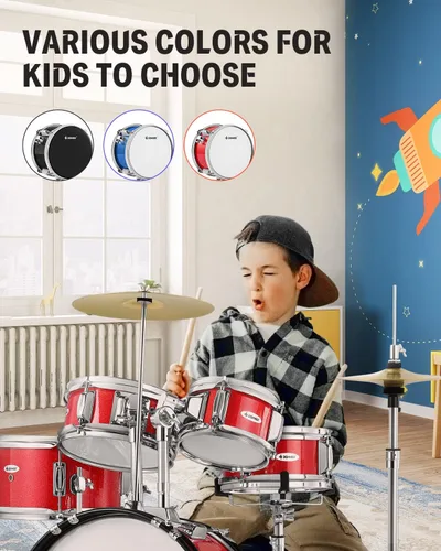 Vista 6 de Donner - Juego de batería infantil de 5 piezas para principiantes, kit de batería junior de 14 pulgadas, con trono ajustable, platillo, Hi-Hat