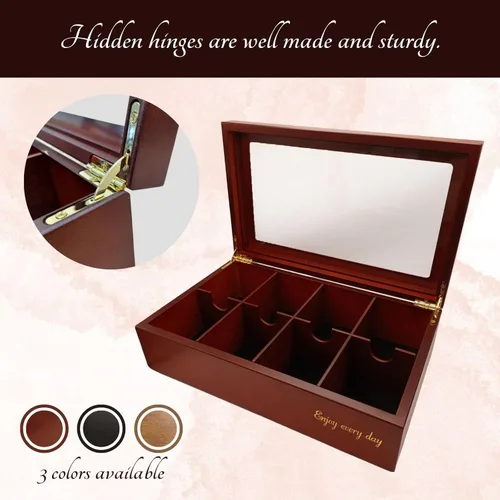 Vista 3 de BJOYFUL&LOVED BJL Organizador de bolsitas de té, caja de té de madera con 8 compartimentos, soporte de gran capacidad para almacenamiento, Negro