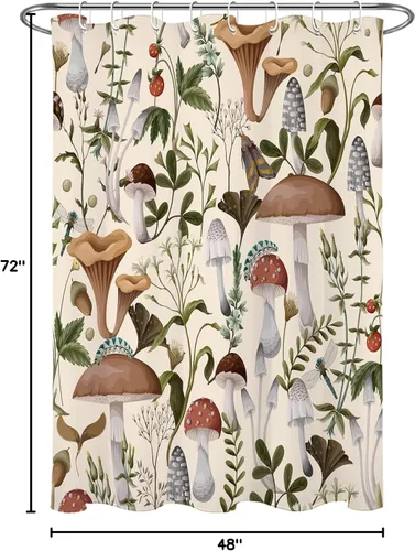 Vista 6 de HVEST 70s Mushroom Shower Curtain, Various Mushrooms and Leaves on Beige Background Bathroom Curtain with Hooks, Vintage Plant Bath Polyester Fabric