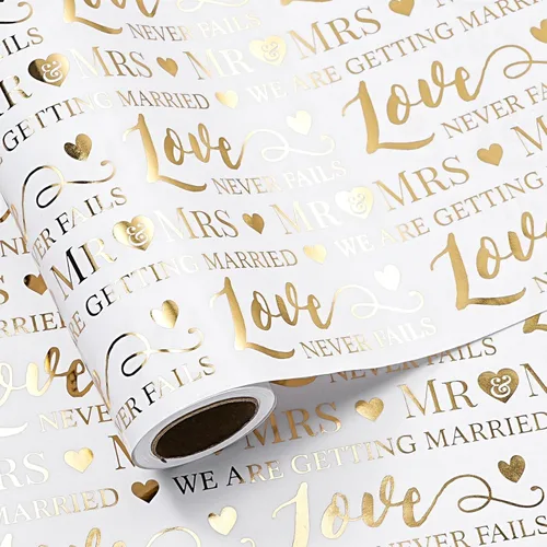 Vista 11 de LeZakaa Rollo de papel de regalo reversible de boda, letras de amor dorado y puntos dorados en beige para bodas, compromisos, despedidas de soltera