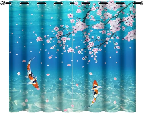 Vista 32 de Cortinas retro de pez japonés para dormitorio, estilo rústico, asiático, japonés, flor de cerezo, aislamiento térmico, oscurecimiento