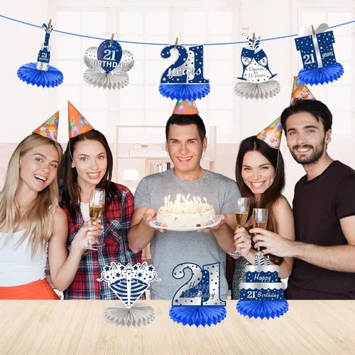 Vista 22 de Kauayurk - 8 centros de mesa de panal azul plateado para décimo cumpleaños de niños, suministros de fiesta de cumpleaños para decoración de mesa