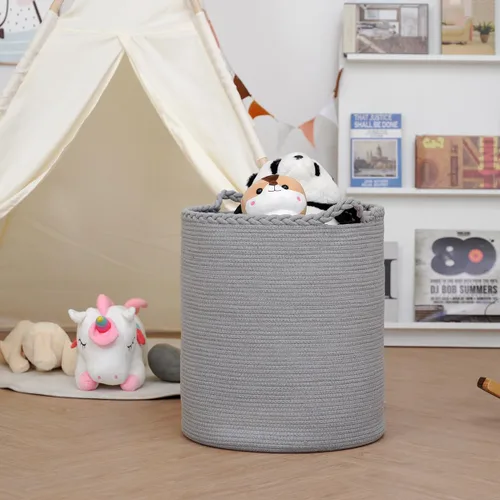 Vista 3 de Cesta de lavandería tejida de gran tamaño de 90 litros, cesta de lavandería alta de algodón para mantas, ropa, almohadas, juguetes, zapatos, cubo