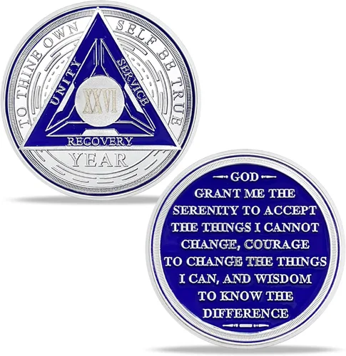 Vista 38 de Juego de monedas de sobriedad triangulares originales de 1 año Medallón AA de número romano plateado con cápsula protectora Ficha de aniversario