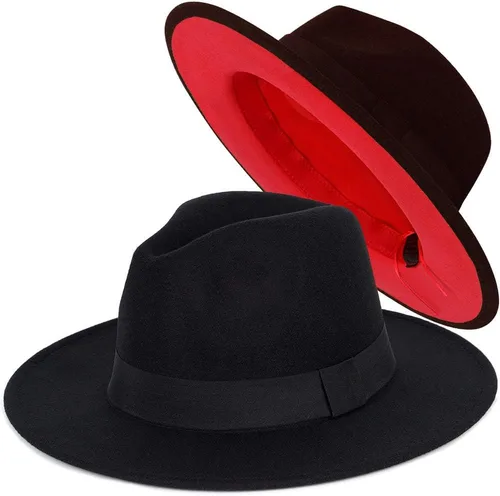 Sombreros Fedora de moda para hombres y mujeres de ala ancha de fieltro sombrero de vestido de Panamá sombrero de dos tonos Fedora A Negro-rojo