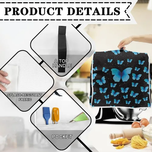 Vista 5 de Veniyate Cubierta de mezclador de ayuda de cocina con estampado de mariposas azules, a prueba de polvo, con bolsillos de almacenamiento