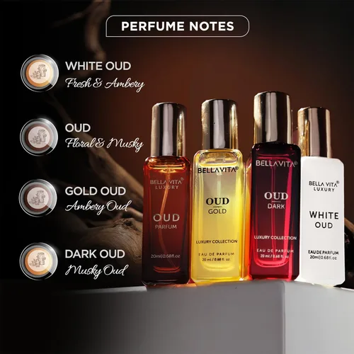 Vista 6 de Bella Vita Luxury OUD Experience Set de Regalo (4x20ml) – Perfum Unisex Árabe Premium Incluye OUD Oro, OUD Oscuro y OUD Blanco Notas