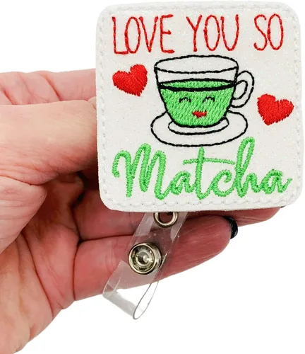 Vista 2 de Love You So Matcha Badge Reel, Retractable Valentine's Day ID Holder, Funny Tea Name Tag Clip (belt clip)