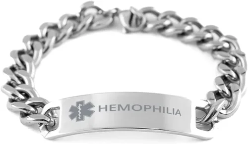 DARIN GIFT Pulsera de acero inoxidable con cadena cubana de alerta médica, conciencia sobre la hemofilia, SOS de emergencia y salud, identificación