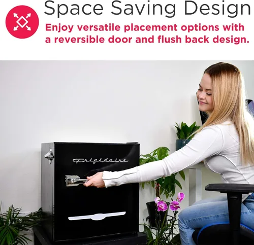 Vista 8 de FRIGIDAIRE Mini refrigerador retro negro de 1.6 pies cúbicos con control de termostato ajustable de ahorro de energía, abrebotellas de montaje