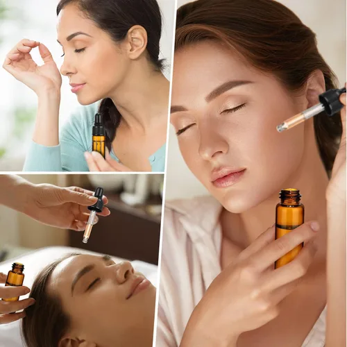 Vista 5 de Bokon 100 piezas de botellas de vidrio con cuentagotas, mini botellas cuentagotas de aceite esencial, frascos de muestra vacíos con tapa negra