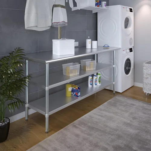 Vista 4 de Mesa de trabajo de acero inoxidable con 2 estantes Mesa de utilidad de metal Mesa de utilidad NSF comercial y residencial