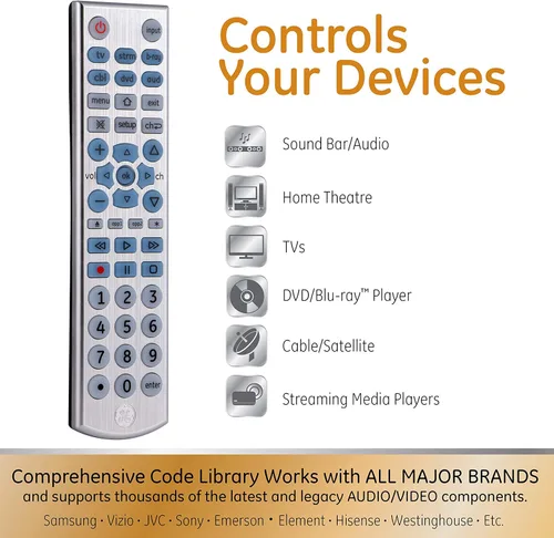 Vista 2 de GE Control remoto universal retroiluminado con botón grande para Samsung, Vizio, Lg, Sony, Sharp, Roku, Apple TV, TCL, Panasonic, Smart TV