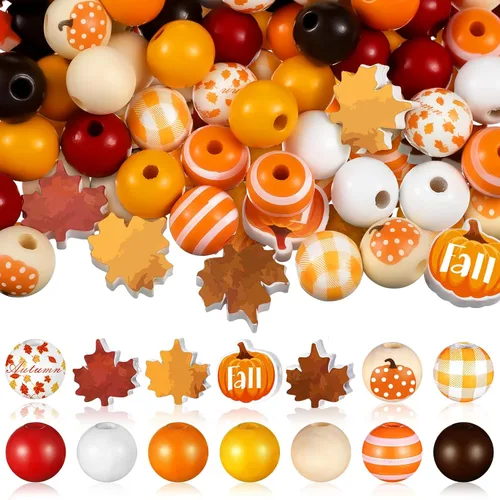Ripeng 200 cuentas de madera de otoño naranja para manualidades, cuentas de madera de calabaza, hoja de arce, gnomo, a cuadros, cuentas redondas