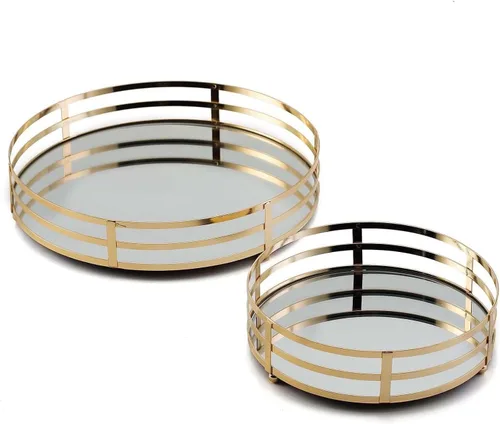 Vista 7 de Efavormart - Juego de 2 bandejas decorativas de metal dorado para espejo redondo, 13.5 pulgadas/9.5 pulgadas