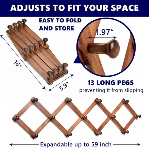 Vista 2 de Amber Home Perchero de Pared de Acordeón de Madera con 13 Ganchos (Clavijas), Colgador de Pared Expandible para Abrigo, Sombrero, Bufanda, Tazas