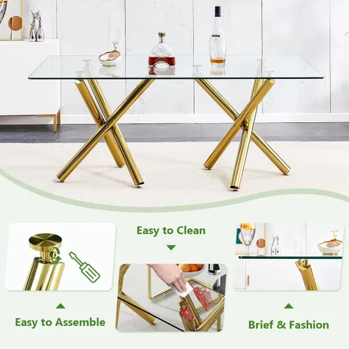 Vista 5 de Ebullient Moderno juego de mesa de comedor para 6, mesa de comedor de cristal de 71 pulgadas y patas de mesa de metal dorado, mesas de comedor