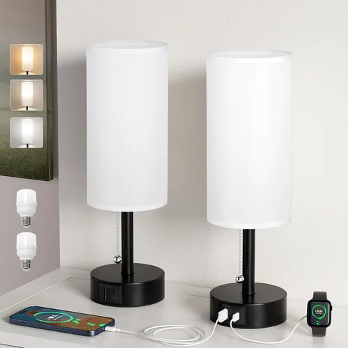 Vista 20 de Fenmzee - Juego de 2 lámparas de mesa de noche con 3 temperaturas de color, lámpara de cadena con puerto de carga de CA, redonda, para dormitorio