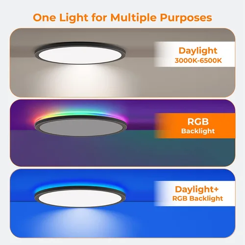 Vista 5 de Annaror Lámpara de techo LED RGB con control remoto, lámpara de techo de 12 pulgadas que cambia de color regulable 3000K-6500K, luz de techo redonda