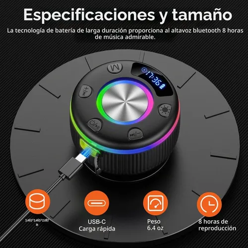 Vista 8 de Altavoz de ducha Bluetooth, IP7 impermeable, portátil, Bluetooth 5.3 con ventosa, mini altavoz inalámbrico con luces RGB, pantalla de tiempo, sonido
