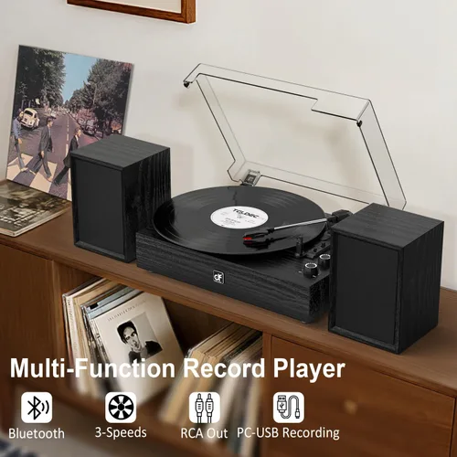 Vista 3 de Tocadiscos Bluetooth con altavoces externos con transmisión por correa Negro (Black Wood)