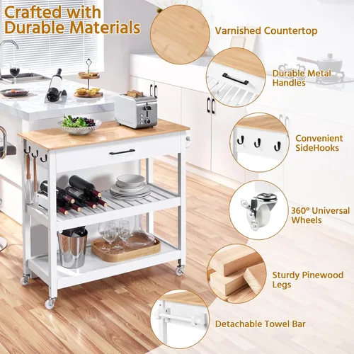 Vista 5 de Yaheetech Carrito de isla de cocina con ruedas con mesa de bambú, carrito de microondas de 3 niveles con cajón para isla de cocina, toalla